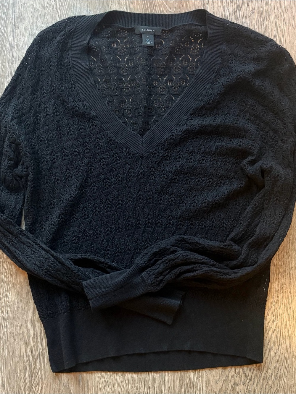 Halogen Black V-Neck Lace-Pattern Sweater